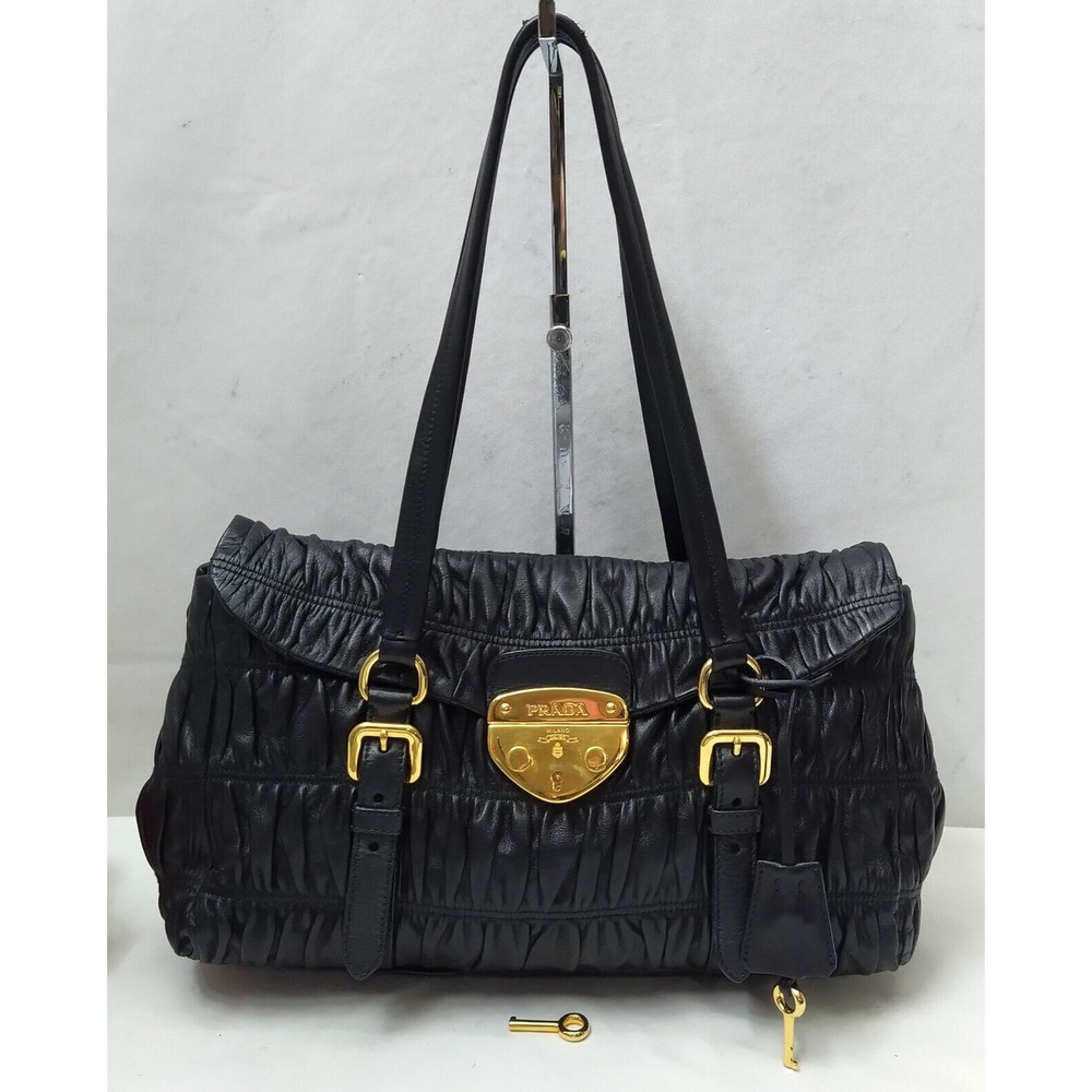 Prada Black Gaufre Nappa Leather Push Lock Double Handle Satchel Shoulder Bag - Picture 1 of 16